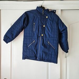NWT Vintage Mulberry Street Navy Coat‎ Sz  14/16 Jacket Quilted Faux Fur Hood